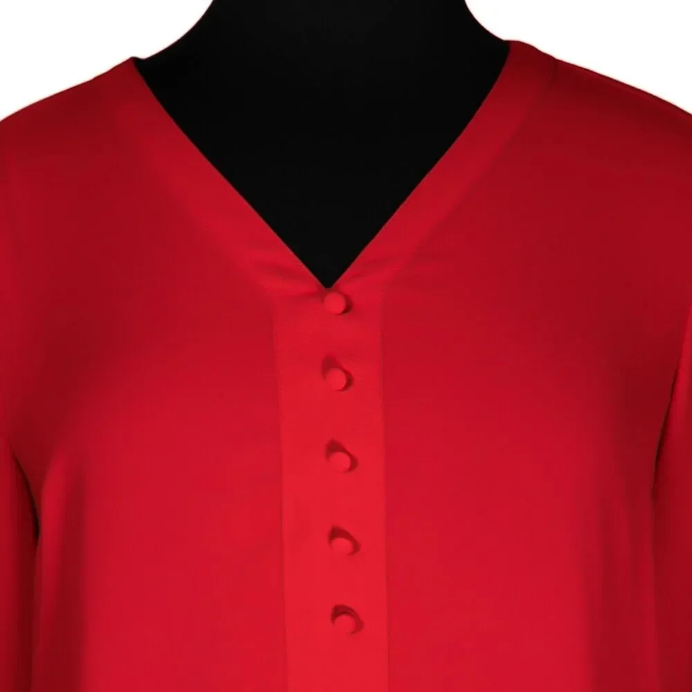 Express Women's Blouse Red V-Neck Roll Tab Long Sleeve Half Button Shirt Top M - Picture 4 of 10